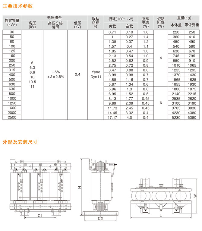 SC(B)10型干式电力变压器的外形尺寸